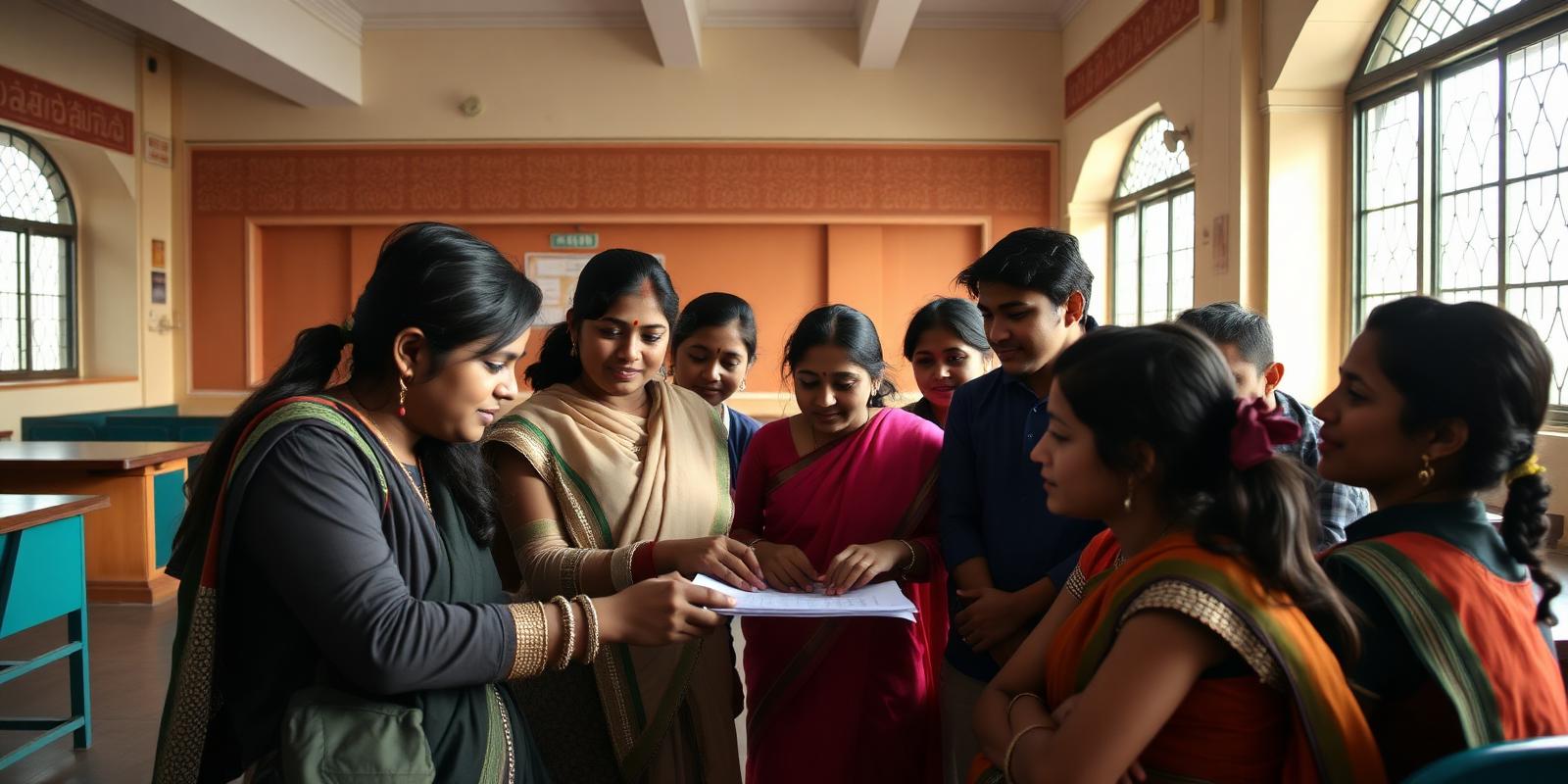 Diverse Indian youth collaborating in a modern classroom with traditional architectural accents